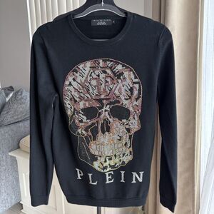 philipp plein Black Knit Rhinestone Skull sweater L